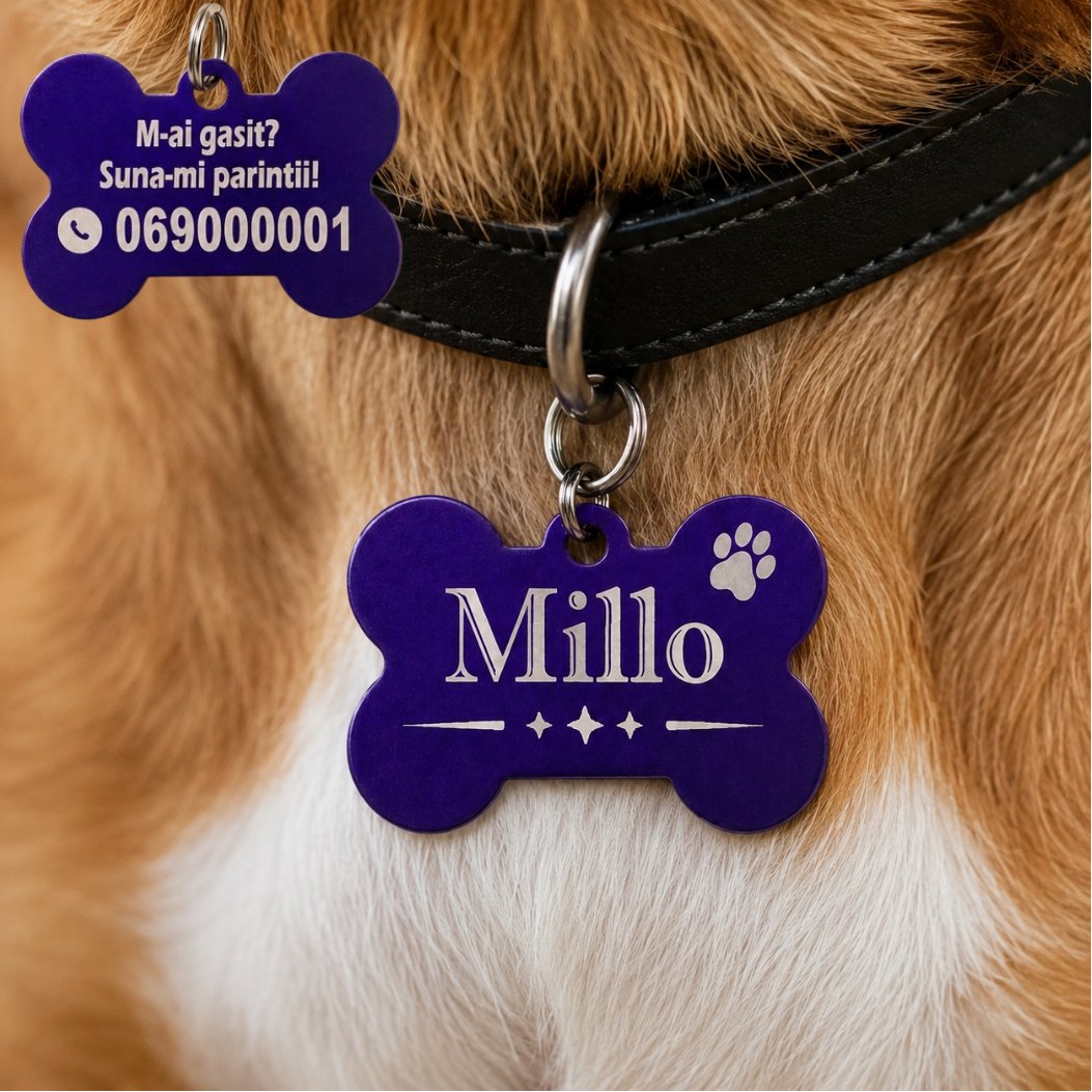 Medalion personalizat violet în formă de os pentru câine sau pisică, cu numele Milo gravat pe față și număr de telefon pe spate.