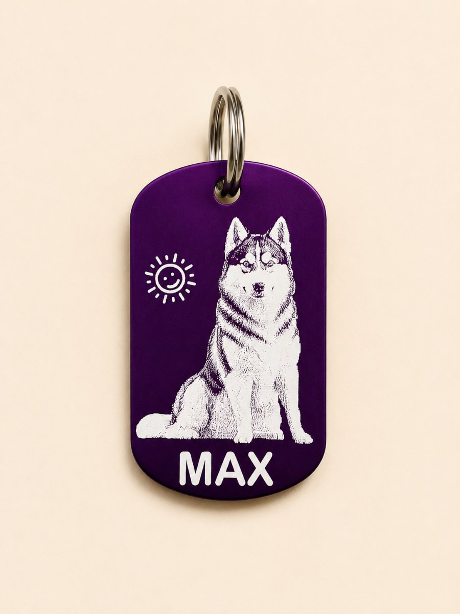 Medalion dreptunghiular violet gravat laser cu poza Husky și numele Max